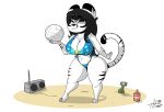  anthro ball beach big_breasts bikini black_ears black_hair black_markings breasts cleavage clothed clothing felid feline female fur grey_eyes hair holding_ball holding_object mammal markings multicolored_ears radio sand seaside shovel solo swimwear thehoneybutter thick_thighs tools two_tone_ears volleyball_(ball) white_body white_ears white_fur white_tail wide_hips 