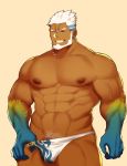  1boy abs absurdres aegir_(tokyo_houkago_summoners) bara beard blue_eyes bulge chest clayten dark_skin dark_skinned_male earrings facial_hair highres jewelry looking_at_viewer male_focus male_underwear muscle nipples pectorals smile solo tokyo_houkago_summoners underwear underwear_only underwear_pull white_hair 