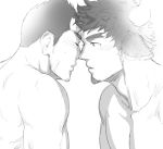 2boys animal_ears bangs bara blush chest close-up closed_eyes couple face-to-face facial_hair forked_eyebrows goatee greyscale gunzo_(tokyo_houkago_summoners) imminent_kiss looking_at_another male_focus monochrome multiple_boys muscle noses_touching pectorals sideburns sketch thick_eyebrows tokyo_houkago_summoners unplugged_line upper_body wakan_tanka white_background yaoi 