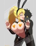  1boy 1girl absurdres against_glass animal_ears bangs bent_over black_legwear blonde_hair blue_eyes breast_press breasts breasts_on_glass bunny_ears darkness darkness_(konosuba) doggystyle eyebrows_visible_through_hair fake_animal_ears glass hair_between_eyes hair_ornament hand_on_glass heart_pasties hetero high_ponytail highres kono_subarashii_sekai_ni_shukufuku_wo! large_breasts long_hair long_sleeves looking_back maebari meme_attire naughty_face necktie open_mouth pasties ponytail revealing_clothes reverse_bunnysuit reverse_outfit sex sex_from_behind shrug_(clothing) smile solo_focus sweat thehumancopier very_long_hair wavy_mouth window x_hair_ornament yellow_neckwear 