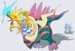  &gt;_&lt; blurry choice_scarf claws closed_eyes commentary_request dracozolt energy gen_1_pokemon gen_8_pokemon gyarados no_humans open_mouth pokemon pokemon_(creature) saiku_(zvlku) tongue 