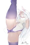  1girl absurdres animal_ears boku_no_hero_academia breasts bunny_ears bunny_tail covered_navel english_commentary gloves grin highres hot_vr looking_at_viewer mirko purple_eyes purple_legwear sketch smile solo split standing standing_on_one_leg standing_split tail teeth thighhighs thighs white_gloves white_hair 