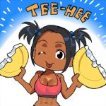  1girl ;p abs arung_samudra_(cessa) black_hair breasts cessa chibi cleavage commentary dark_skin english_commentary forehead hair_bobbles hair_ornament large_breasts lowres ombok_diving_and_delivery_services one_eye_closed pac-man_eyes pink_sports_bra short_twintails solo sports_bra styrofoam tongue tongue_out twintails very_dark_skin 