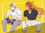  2boys alder_(pokemon) arm_hair aruji_yume black_gloves black_shirt collared_shirt commentary_request drayden_(pokemon) facial_hair gloves grey_pants hand_up looking_at_another male_focus multicolored_hair multiple_boys open_mouth orange_hair pants pokemon pokemon_(game) pokemon_bw red_hair shirt short_sleeves teeth two-tone_hair white_hair white_shirt 