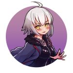  1girl :3 ahoge bangs black_dress blue_coat blush breasts coat commentary commission dress english_commentary eyebrows_visible_through_hair fate/grand_order fate_(series) fleur_de_lis fur_trim grey_hair hair_between_eyes jacket jeanne_d&#039;arc_(fate)_(all) jewelry long_sleeves looking_at_viewer necklace parted_lips purple_background shiny shiny_clothes short_hair silver_hair smile solo symbol_commentary umenodo upper_body yellow_eyes 