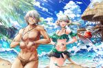  1boy 1girl aqua_hair au_ra bangle bangs bare_shoulders beach bell bikini bikini_skirt black_eyes blue_eyes blue_sky blush bow bracelet breasts brown_swimsuit clenched_hands cloud cluseller collarbone commentary_request cowboy_shot dark_skin dark_skinned_male day dragon_girl elezen elf eye_contact eyebrows_visible_through_hair fangs final_fantasy final_fantasy_xiv flower green_bikini green_bow green_flower green_rose grey_hair grin hair_tie half-closed_eyes happy haurchefant_greystone horizon horns hut jaguar_print jewelry jingle_bell lens_flare light_rays lizard_tail long_hair looking_at_another looking_back male_swimwear multicolored_hair namazu_(final_fantasy) navel necklace ocean open_mouth outdoors pink_hair pointy_ears ponytail rose sand scales short_hair skindentation sky small_breasts smile sparkle standing stomach streaked_hair sunlight surfboard swept_bangs swim_briefs swimsuit swimwear tail teeth thatched_roof thigh_strap tied_hair tree water waves 