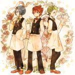  3boys apron arms_behind_back bangs black_vest blue_hair brothers chili_(pokemon) cilan_(pokemon) clenched_hand closed_mouth collared_shirt commentary_request cress_(pokemon) cup flower green_eyes green_hair hand_up holding holding_tray long_sleeves looking_at_viewer male_focus multiple_boys pants pokemon pokemon_(game) pokemon_bw red_eyes red_hair saucer shirt short_hair siblings smile table teacup teapot tray vase vest waist_apron white_shirt y0110y 