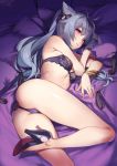  1girl 92m ass bangle bangs bare_legs bed_sheet blush bra bracelet breasts bright_pupils genshin_impact hair_ornament high_heels highres jewelry keqing leg_up lingerie long_hair looking_at_viewer lying on_side panties parted_lips pillow purple_bra purple_eyes purple_hair purple_panties small_breasts solo thighs twintails underwear underwear_only white_pupils 
