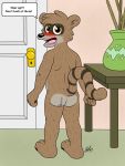  3:4 3_fingers 3_toes blush butt cartoon_network doggettdouglasmcdog door embarrassed english_text fingers hi_res living_room male mammal pot_(disambiguation) procyonid raccoon regular_show rigby_(regular_show) ringed_eyes ringtail scar solo speech_bubble teeth text toes 