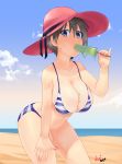  1girl absurdres bangs beach bikini blue_eyes breasts cleavage day eyebrows_visible_through_hair food grey_hair hair_between_eyes hat highres large_breasts leaning_forward looking_at_viewer nagai_(jorgemendozaart) outdoors popsicle short_hair solo striped striped_bikini sweat swimsuit uzaki-chan_wa_asobitai! uzaki_hana 