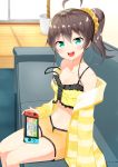  1girl :d ahoge aqua_eyes bangs bare_shoulders blush brown_hair camisole center_frills collarbone couch doubutsu_no_mori eyebrows_visible_through_hair frilled_camisole frills hair_between_eyes highres hololive jacket looking_at_viewer midriff natsuiro_matsuri navel nintendo_switch off_shoulder on_couch open_mouth orange_scrunchie pajamas scrunchie short_hair shorts side_ponytail sitting smile solo spaghetti_strap strap_slip striped_jacket upper_teeth virtual_youtuber yamae_saki yellow_camisole yellow_jacket 