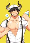  1boy absurdres bara barawa beard blush brown_eyes brown_hair chest clayten cover cover_page cow_boy doujin_cover doujinshi draph facial_hair goatee granblue_fantasy hat highres horns lactation licking_lips looking_at_viewer male_focus milk muscle pectorals pointy_ears sexually_suggestive smile solo textless tongue tongue_out 
