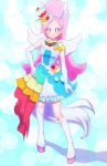  +_+ 1girl amawa_kazuhiro animal_ears asymmetrical_clothes bangs blue_hairband boots breasts closed_mouth collarbone cure_parfait earrings elbow_gloves fake_animal_ears full_body gloves green_eyes hairband hand_on_hip high_ponytail highres horse_ears horse_tail jewelry kirakira_precure_a_la_mode knee_boots layered_skirt long_hair looking_at_viewer miniskirt necklace parted_bangs pegasus_wings pink_hair precure shadow skirt small_breasts smile solo strapless tail very_long_hair white_footwear white_gloves white_skirt 