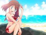  1girl bangs barefoot blue_eyes blush bow bow_swimsuit brown_hair cloud commentary_request day eyebrows_visible_through_hair eyelashes looking_at_viewer may_(pokemon) midriff navel official_style open_mouth outdoors pink_swimsuit pokemon pokemon_(anime) pokemon_rse_(anime) red_bow shore sitting sky smile solo sparkle swimsuit tongue water y@mato 