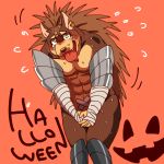  1:1 2020 anthro barazoku blush bodily_fluids canid canine canis cosplay domestic_dog english_text halloween holidays humanoid_hands kemono majiro_the_hedgehog male mammal muscular muscular_anthro muscular_male nikunabe1989 simple_background sleepy_princess_in_the_demon_castle solo sweat text tongue tongue_out xolotl 