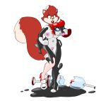  2017 animate_inanimate anthro banderi black_lips breasts canid canine clothing female footwear fox genitals goo_transformation green_eyes handles hat headgear headwear hi_res high_heels inflatable lips living_inflatable mammal mask nipples nurse_hat on_one_leg pussy red_body rubber sex_doll sex_toy_transformation shoes simple_background solo standing surprise transformation white_background 