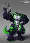  anthro big_muscles biped black_body black_fur canid canine canis claws crush faogwolf fur green_body green_eyes green_fur hi_res huge_muscles hyper hyper_muscles male mammal muscular muscular_anthro muscular_male rock solo standing vein wolf 