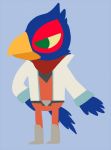  anthro avian belt belt_buckle bird blue_background blue_body blue_feathers boots bottomwear clothing falco_lombardi feathers footwear green_eyes grey_clothing grey_footwear grey_shoes male night_in_the_woods nintendo pants parrot red_bottomwear red_clothing red_pants red_shirt red_topwear shirt shoes simple_background solo star_fox thegreatmatsutzu topwear vest video_games white_coat 