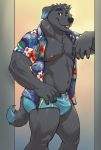  2020 aloha_shirt anthro arm_support barazoku belly biceps black_body black_fur black_hair black_nose blue_body blue_clothing blue_eyes blue_fur blue_tail blue_underwear bruteandbrawn bulge canid canine canis chest_tuft clothed clothing digital_media_(artwork) dipstick_tail domestic_dog doorway fur hair hi_res looking_at_viewer male mammal monotone_body monotone_fur multicolored_tail muscular muscular_anthro muscular_male navel nipples open_clothing open_mouth open_shirt open_topwear partially_clothed pecs portrait pubes shirt simple_background slightly_chubby smile solo standing teeth three-quarter_portrait topwear tuft underwear 