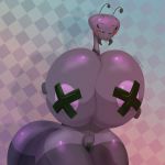  1:1 antennae_(anatomy) anthro arthropod big_breasts blush breasts dododragon56 eyes_closed female hi_res insect mostly_nude nipple_outline nipples non-mammal_breasts raised_tail simple_background smile solo tape thick_thighs 