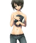  androgynous black_hair contrapposto denim fur_hat hat hat_removed headwear_removed holding holding_hat jeans kino kino_no_tabi navel nilitsu pants reverse_trap short_hair simple_background solo standing tomboy topless white_background yellow_eyes 