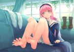  1girl barefoot blue_eyes boots couch feet kamisama_ni_natta_hi kou_futoshi legs long_hair nun pink_hair satou_hina_(kamisama_ni_natta_hi) soles toes 