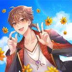  1boy :d bangs black_jacket blue_sky blurry blurry_foreground blush brown_eyes brown_hair cloud collarbone day depth_of_field eyebrows_visible_through_hair fang fingernails flower fushimi_gaku hair_between_eyes hands_up jacket jewelry long_fingernails long_hair looking_at_viewer low_ponytail male_focus mole mole_under_eye nijisanji open_clothes open_jacket open_mouth outdoors ponytail ring sharp_fingernails shikino_yuki shirt sky smile solo upper_body v virtual_youtuber white_shirt yellow_flower 