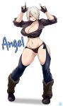  1girl absurdres angel_(kof) blue_eyes boots breasts cowboy_boots eyes highres jmg large_breasts mexican short_hair skirt smile the_king_of_fighters white_hair 