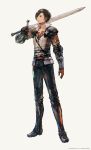  1boy armor black_hair clive_rosfield copyright final_fantasy final_fantasy_xvi full_body gloves highres looking_up official_art over_shoulder serious short_hair shoulder_armor simple_background solo square_enix standing sword takahashi_kazuya weapon weapon_over_shoulder 