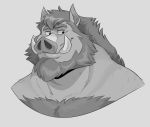  2020 anthro beard body_hair broody bust_portrait chest_hair eyebrows facial_hair greyscale hi_res male mammal monochrome portrait simple_background smile solo suid suina sus_(pig) thebluebear27 thick_eyebrows tusks wild_boar 