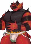  2020 anthro big_muscles black_body black_fur claws clothed clothing fur green_eyes grin hi_res humanoid_hands incineroar jockstrap looking_at_viewer male musclegut muscular muscular_anthro muscular_male nintendo pecs pok&eacute;mon pok&eacute;mon_(species) red_body red_fur red_nose ruslorc simple_background smile solo standing striped_body striped_fur stripes topless underwear underwear_only video_games white_background white_claws yellow_sclera 
