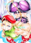  2girls antenna_hair ass ass_focus belt beret black_panties blonde_hair blue_eyes braid breasts cammy_white chinese_clothes clenched_teeth commentary_request covered_nipples detached_leggings dudou facial_scar frankensteiner gloves green_leotard han_juri hat head_between_knees leotard lips medium_breasts midriff multiple_girls navel panties panties_over_pantyhose pantyhose purple_legwear red_gloves scar scar_on_cheek sideboob street_fighter street_fighter_iv_(series) submission_hold teeth thong_leotard toned traditional_media twin_braids underwear wrestling yqgkg 