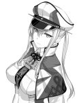  1girl anchor breasts capelet celtic_knot cowboy_shot cross graf_zeppelin_(kantai_collection) hair_between_eyes hat highres jacket kantai_collection large_breasts military military_hat military_uniform monochrome necktie peaked_cap rokuwata_tomoe sidelocks tsurime twintails uniform white_background 