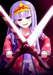  1girl :d absurdres aurora_sya_lis_kaymin bangs blunt_bangs bow dark_background hair_bow highres holding holding_scissors holding_weapon horror_(theme) long_hair long_sleeves looking_at_viewer maou-jou_de_oyasumi open_mouth pajamas polka_dot purple_eyes purple_hair red_bow scissors smile solo tiara very_long_hair weapon yatakami_yurina 