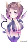  1girl bat_wings black_legwear black_swimsuit blush blush_stickers boku_no_hero_academia breasts brown_hair cleavage closed_mouth cowboy_shot demon_girl demon_horns demon_tail english_commentary fang fang_out garter_straps heart heart-shaped_pupils highres horns hot_vr large_breasts looking_at_viewer short_hair simple_background slingshot_swimsuit smile solo standing succubus swimsuit symbol-shaped_pupils tail thighhighs uraraka_ochako white_background wings 