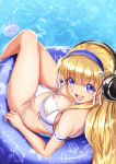  1girl bikini blonde_hair blue_eyes blush breasts cleavage collarbone crossed_legs dated earphones fletcher_(kantai_collection) floating from_above hairband innertube kantai_collection large_breasts long_hair looking_at_viewer moke_ro open_mouth sitting solo swimsuit white_bikini 
