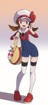 1girl :d blue_overalls brown_eyes brown_hair commentary eyelashes full_body hat highres holding_strap looking_at_viewer lyra_(pokemon) open_mouth overalls pokemon pokemon_(game) pokemon_hgss red_footwear shoes sleeves_past_elbows smile solo standing thighhighs twintails white_headwear white_legwear yoshi_(moco1) 