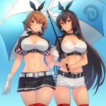  2girls alternate_costume bangs belt black_belt black_choker black_hair black_skirt blue_background blush breasts brown_hair choker cropped_jacket eyebrows_visible_through_hair gloves green_eyes hair_between_eyes hairband highres holding holding_umbrella kantai_collection kasumi_(skchkko) large_breasts long_hair midriff miniskirt multiple_girls mutsu_(kantai_collection) nagato_(kantai_collection) navel parted_lips pleated_skirt race_queen red_eyes red_legwear short_hair shorts simple_background skirt smile thighhighs umbrella white_belt white_gloves white_shorts 