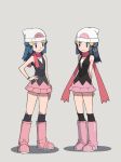  2girls arm_at_side beanie black_hair black_legwear blue_eyes blue_hair boots closed_mouth commentary_request dawn_(pokemon) dual_persona eye_contact eyelashes grey_background grey_eyes hand_on_hip hat highres long_hair looking_at_another multiple_girls over-kneehighs pink_footwear pokemon pokemon_(anime) pokemon_(game) pokemon_dppt pokemon_dppt_(anime) scarf sidelocks smile standing thighhighs white_headwear yoshi_(moco1) 