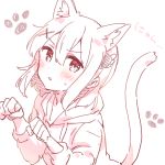  1girl absurdres animal_ears bangs blush cat_ears cat_girl cat_tail chiyoda_momo drawstring eyebrows_visible_through_hair hair_between_eyes hair_ornament hands_up highres hood hood_down hoodie kemonomimi_mode long_sleeves looking_at_viewer machikado_mazoku monochrome parted_lips paw_pose simple_background solo sorimachi-doufu sweat tail translation_request white_background x_hair_ornament 