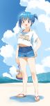  1girl :d alternate_costume alternate_hairstyle arm_at_side bag bare_legs beach blue_eyes blue_hair blue_sky clenched_hand clothes_writing cloud cloudy_sky collarbone commentary day denim denim_shorts dot_nose english_commentary eyebrows_visible_through_hair facing_viewer full_body gloamy hair_between_eyes halterneck hand_on_hip happy high_ponytail highres holding holding_bag legs_apart looking_afar mahou_shoujo_madoka_magica midriff miki_sayaka mountain musical_note nature navel open_mouth outdoors sand sandals shadow shiny shiny_hair shirt short_shorts short_sleeves shorts sidelocks sky smile solo standing sunlight toenails treble_clef white_shirt wide-eyed 