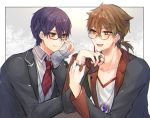  2boys :d bespectacled black-framed_eyewear black_jacket blazer brown_eyes brown_hair closed_mouth collarbone collared_shirt earrings eye_contact fushimi_gaku glasses green_eyes grey-framed_eyewear grey_sweater hands_up jacket jewelry kenmochi_touya long_hair long_sleeves looking_at_another low_ponytail magatama male_focus multiple_boys necktie nijisanji open_blazer open_clothes open_jacket open_mouth plaid_neckwear ponytail purple_hair red_neckwear ring school_uniform shikino_yuki shirt sleeves_past_wrists smile stud_earrings sweater upper_body virtual_youtuber white_shirt 