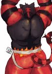  2020 anthro arms_above_head back_muscles big_muscles black_body black_fur butt clothed clothing fur hi_res incineroar jockstrap male muscular muscular_anthro muscular_male nintendo pok&eacute;mon pok&eacute;mon_(species) red_body red_fur ruslorc simple_background solo standing striped_body striped_fur stripes topless underwear underwear_only video_games white_background 
