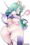  1girl ass asui_tsuyu bare_shoulders bat_wings black_legwear boku_no_hero_academia breasts covered_nipples cowboy_shot demon_girl demon_horns demon_tail elbow_gloves english_commentary from_behind gloves green_hair heart heart_eyes highres horns hot_vr long_hair long_tongue looking_at_viewer looking_back low-tied_long_hair simple_background solo standing succubus tail thighhighs tongue twitter_username very_long_tongue white_background wings 