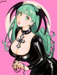  1girl alternate_costume artist_name black_nails breasts choker cleavage commentary_request cross demon_girl ear_piercing gothic green_eyes green_hair hair_wings highres jivke large_breasts leaning_forward looking_at_viewer morrigan_aensland parted_lips piercing rosary skin_tight solo succubus vampire_(game) 