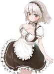  1girl absurdres anchor apron azur_lane breasts choker cleavage cleavage_cutout clothing_cutout cowboy_shot dress eyebrows_visible_through_hair frilled_dress frills hair_between_eyes highres large_breasts looking_at_viewer maid maid_headdress puffy_short_sleeves puffy_sleeves red_eyes seojinhui short_hair short_sleeves simple_background sirius_(azur_lane) white_background white_hair 