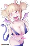  1girl :d bangs bat_wings black_legwear black_swimsuit blonde_hair blunt_bangs blush boku_no_hero_academia breasts cleavage collarbone covered_nipples cowboy_shot demon_girl demon_horns demon_tail double_bun english_commentary eyebrows_visible_through_hair fangs fingernails heart heart-shaped_pupils highres holding holding_knife horns hot_vr knife large_breasts looking_at_viewer messy_hair navel open_mouth sharp_fingernails sidelocks simple_background slingshot_swimsuit smile solo standing succubus swimsuit symbol-shaped_pupils tail thighhighs toga_himiko tongue tongue_out white_background wings yellow_eyes 