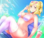  1girl absurdres bendy_straw bikini blonde_hair blue_sky braid breasts cloud crown_braid drinking_straw dutch_angle eyewear_on_head from_below heart heart-shaped_eyewear highres large_breasts looking_at_viewer love_live! love_live!_school_idol_project love_live!_sunshine!! navel ohara_mari ponytail side-tie_bikini sky smile solo swimsuit thighhighs tropical_drink tsumikiy white_legwear yellow_eyes 