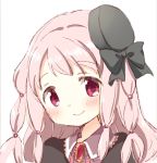  1girl beret black_headwear black_ribbon braid child close-up closed_mouth dot_nose eyebrows_visible_through_hair face hair_bobbles hair_ornament hair_ribbon happy hat jewelry light_blush light_smile looking_at_viewer magia_record:_mahou_shoujo_madoka_magica_gaiden mahou_shoujo_madoka_magica medium_hair multiple_braids pink_eyes pink_hair ribbon shaded_face shiny shiny_hair simple_background solo soul_gem tamaki_ui tareme tsubaki_(tatajd) upper_body white_background 