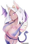  1girl animal_ears bat_wings black_legwear black_swimsuit boku_no_hero_academia breasts bunny_ears cleavage closed_mouth covered_nipples cowboy_shot dark_skin demon_girl demon_horns demon_tail english_commentary fang fang_out garter_straps gloves heart heart-shaped_pupils highres horns hot_vr large_breasts long_hair looking_at_viewer mirko panties pink_eyes simple_background slingshot_swimsuit smile solo standing succubus swimsuit symbol-shaped_pupils tail thighhighs underwear white_background white_gloves white_hair wings 